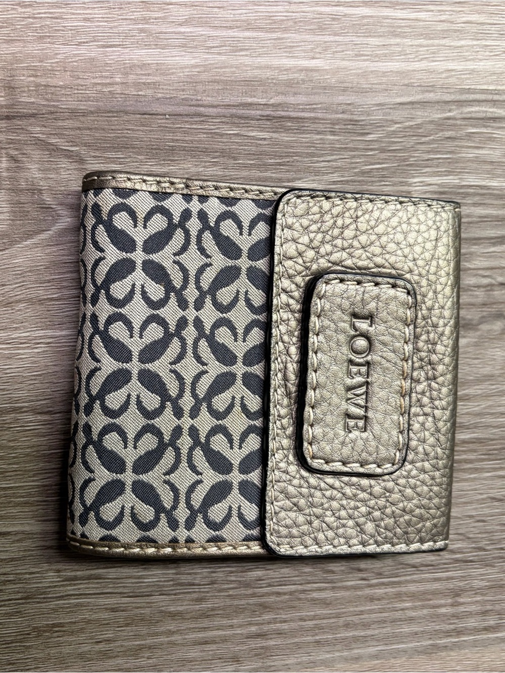 Loewe Gold Pebbled Leather & Navy Canvas Compact Wallet